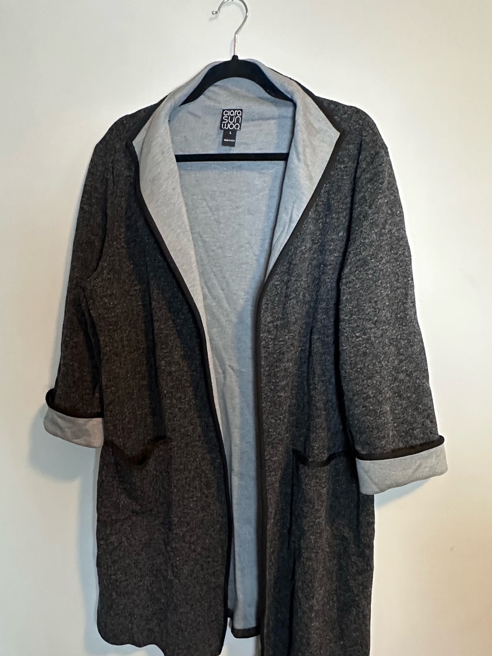Clara Sun Woo Gray Open Front Cardigan Sweater Jacket L Made in USA Soft Stretch